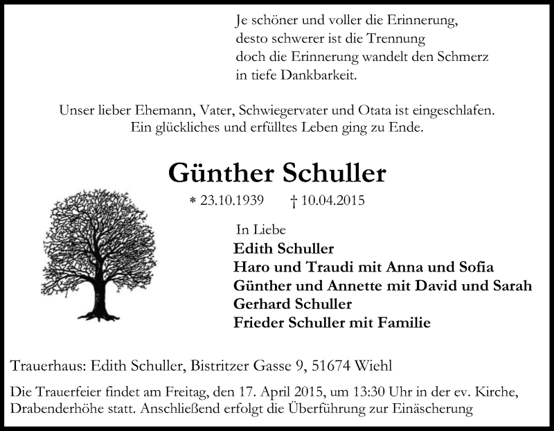  Traueranzeige für Günther Schuller vom 14.04.2015 aus Kölner Stadt-Anzeiger / Kölnische Rundschau / Express
