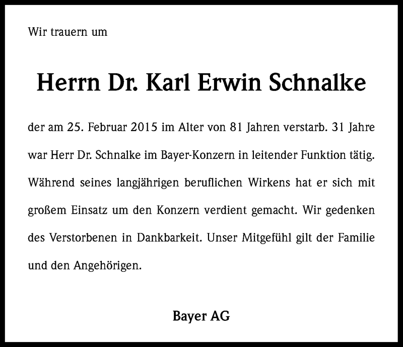  Traueranzeige für Karl Erwin Schnalke vom 24.03.2015 aus Kölner Stadt-Anzeiger / Kölnische Rundschau / Express