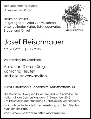 Anzeige von Josef Fleischhauer von  Blickpunkt Euskirchen 