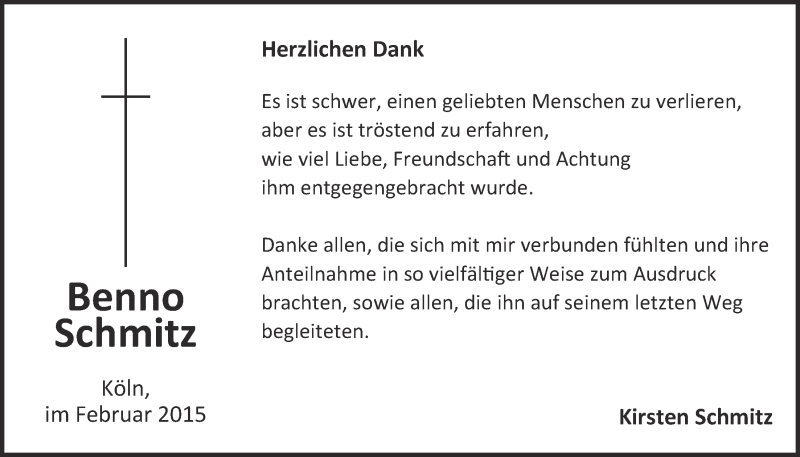  Traueranzeige für Benno Schmitz vom 25.02.2015 aus  Kölner Wochenspiegel 