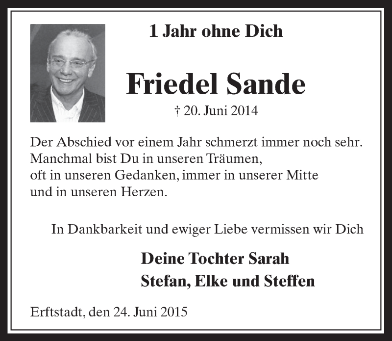  Traueranzeige für Friedel Sande vom 24.06.2015 aus  Werbepost 