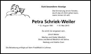 Anzeige von Petra Schriek-Weiler von Kölner Stadt-Anzeiger / Kölnische Rundschau / Express