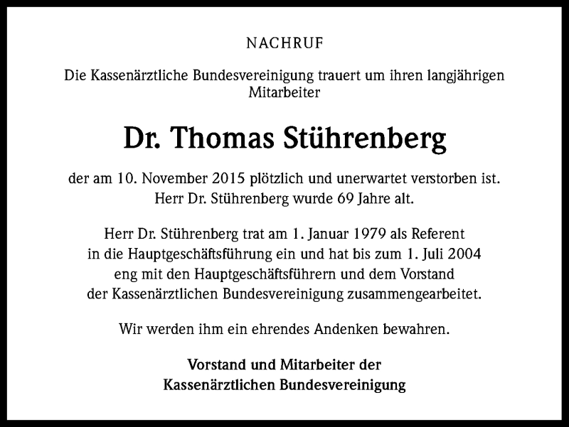  Traueranzeige für Thomas Stührenberg vom 21.11.2015 aus Kölner Stadt-Anzeiger / Kölnische Rundschau / Express