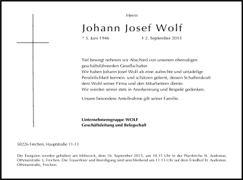 Anzeige von Johann Josef Wolf von Kölner Stadt-Anzeiger / Kölnische Rundschau / Express