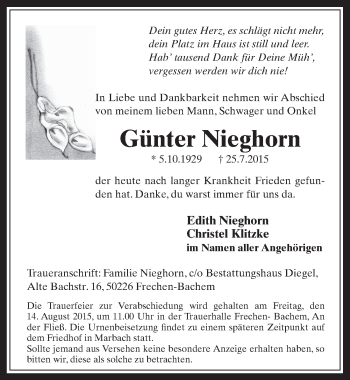 Anzeige von Günter Nieghorn von  Wochenende 