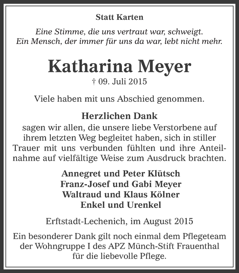  Traueranzeige für Katharina Meyer vom 19.08.2015 aus  Werbepost 