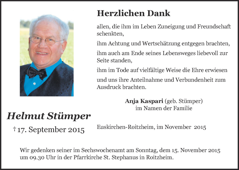  Traueranzeige für Helmut Stümper vom 08.11.2015 aus  Blickpunkt Euskirchen 
