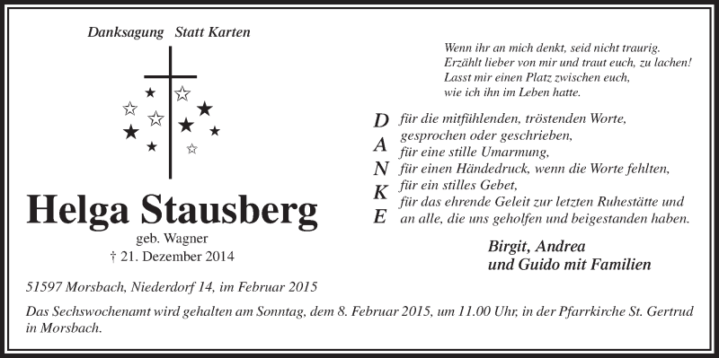  Traueranzeige für Helga Stausberg vom 04.02.2015 aus  Lokalanzeiger 