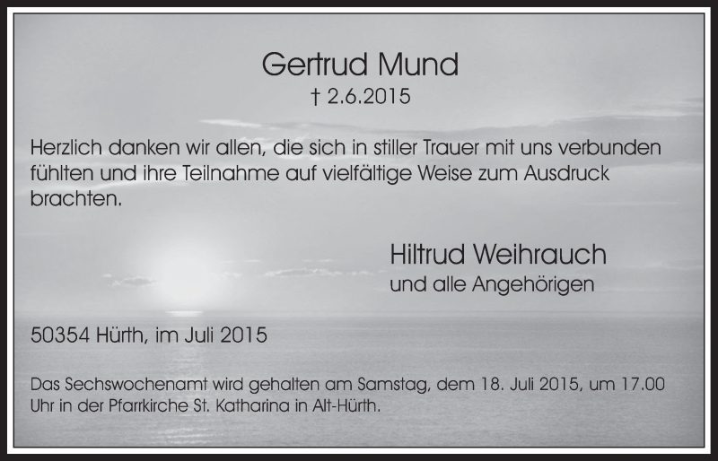  Traueranzeige für Gertrud Mund vom 15.07.2015 aus  Wochenende 