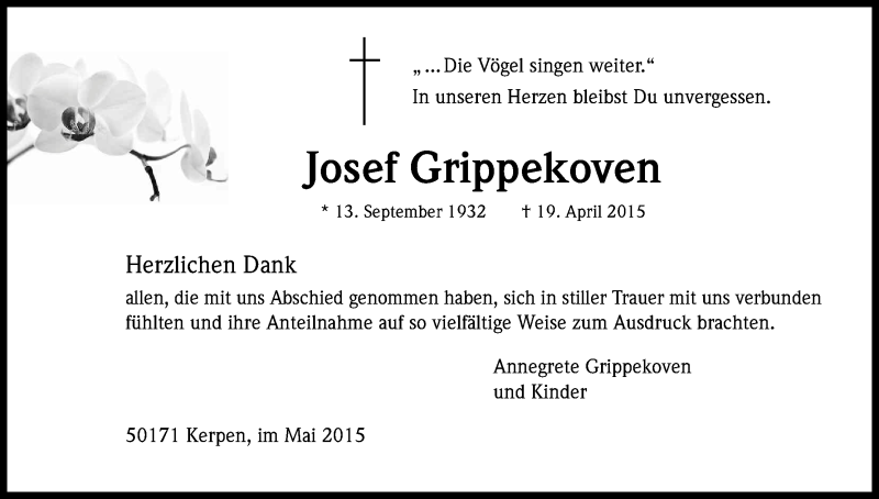  Traueranzeige für Josef Grippekoven vom 16.05.2015 aus Kölner Stadt-Anzeiger / Kölnische Rundschau / Express