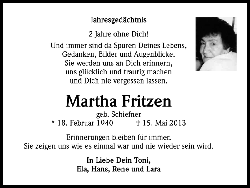  Traueranzeige für Martha Fritzen vom 15.05.2015 aus Köln - Wir Trauern