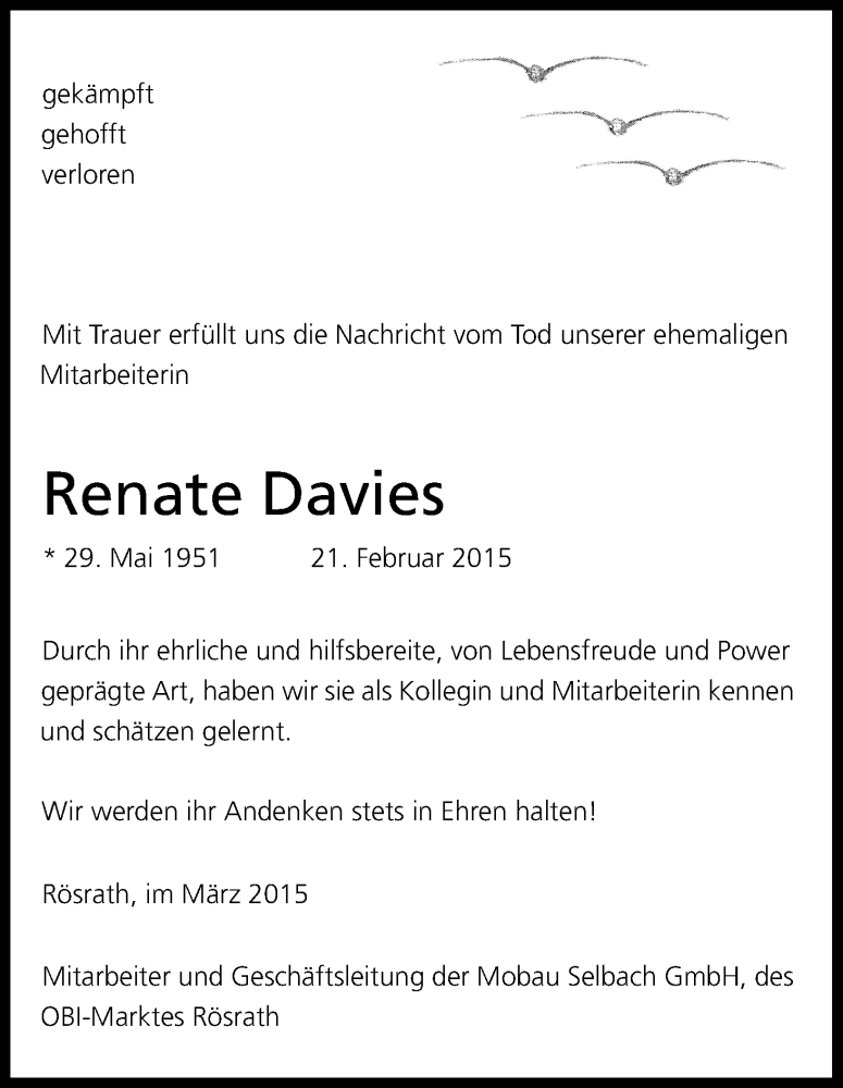  Traueranzeige für Renate Davies vom 04.04.2015 aus Kölner Stadt-Anzeiger / Kölnische Rundschau / Express
