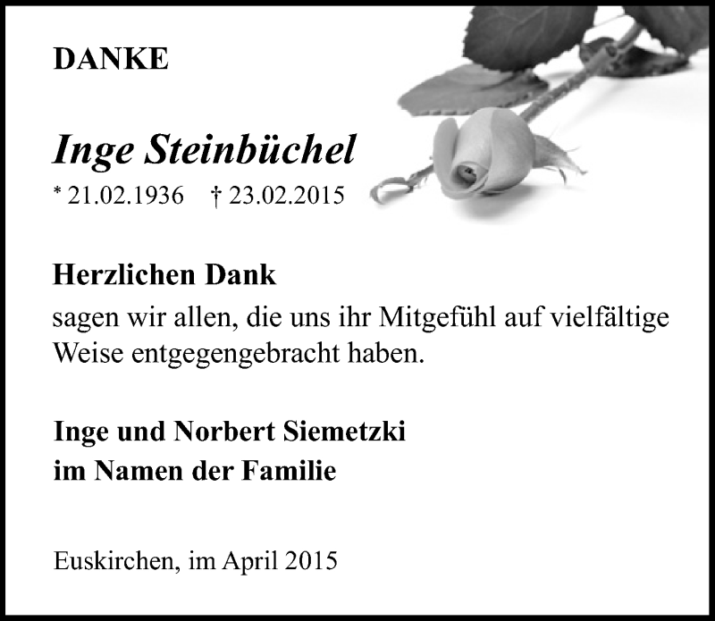  Traueranzeige für Inge Steinbüchel vom 26.04.2015 aus  Blickpunkt Euskirchen 