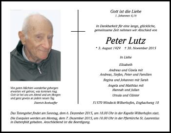Anzeige von Peter Lutz von Kölner Stadt-Anzeiger / Kölnische Rundschau / Express