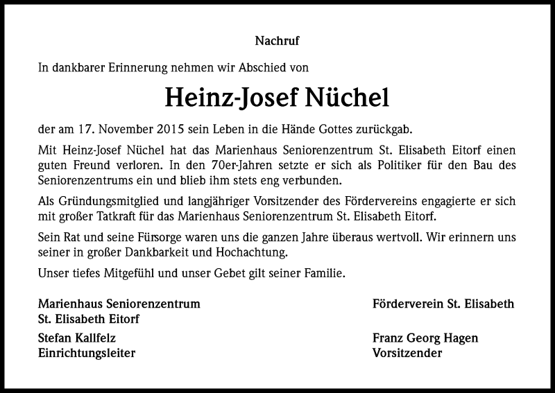  Traueranzeige für Heinz-Josef Nüchel vom 28.11.2015 aus Kölner Stadt-Anzeiger / Kölnische Rundschau / Express