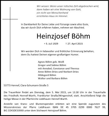 Anzeige von Heinzjosef Böhm von Kölner Stadt-Anzeiger / Kölnische Rundschau / Express