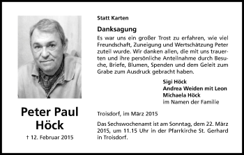 Anzeige von Peter Paul Höck von Kölner Stadt-Anzeiger / Kölnische Rundschau / Express