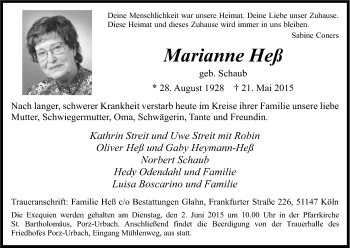 Anzeige von Marianne Heß von Kölner Stadt-Anzeiger / Kölnische Rundschau / Express