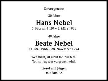 Anzeige von Hans und Beate Nebel von Kölner Stadt-Anzeiger / Kölnische Rundschau / Express
