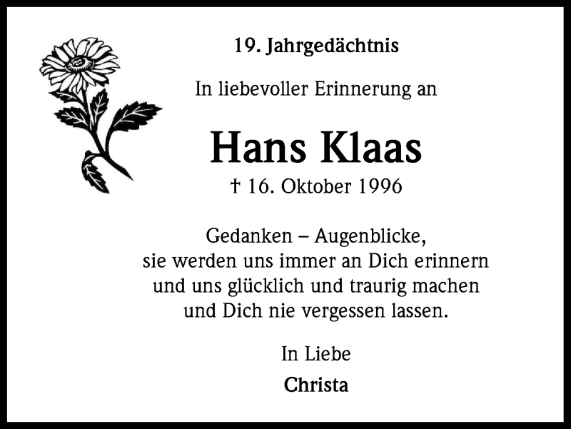  Traueranzeige für Hans Klaas vom 16.10.2015 aus Kölner Stadt-Anzeiger / Kölnische Rundschau / Express