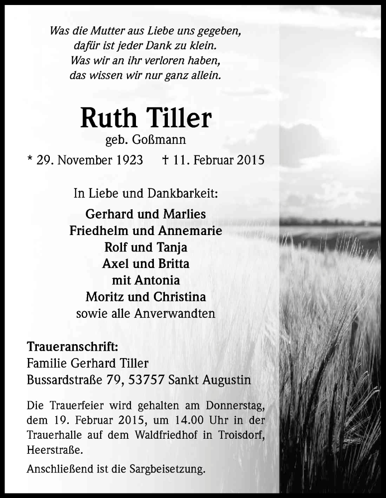  Traueranzeige für Ruth Tiller vom 14.02.2015 aus Kölner Stadt-Anzeiger / Kölnische Rundschau / Express