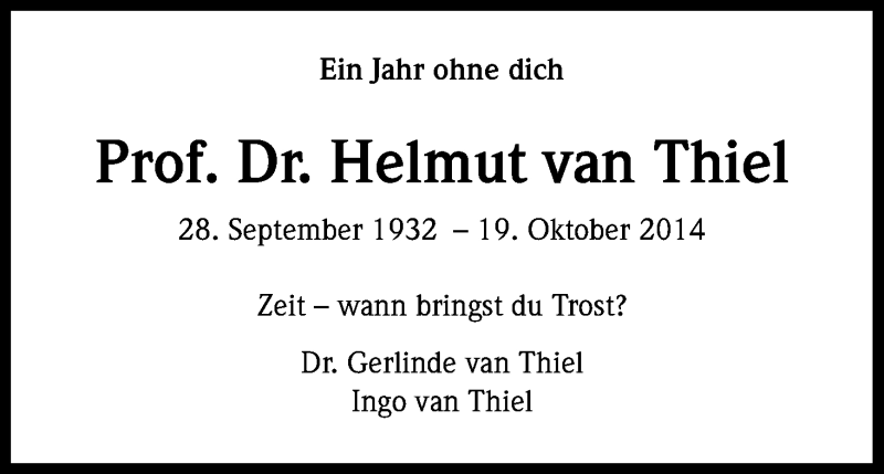  Traueranzeige für Helmut van Thiel vom 19.10.2015 aus Kölner Stadt-Anzeiger / Kölnische Rundschau / Express