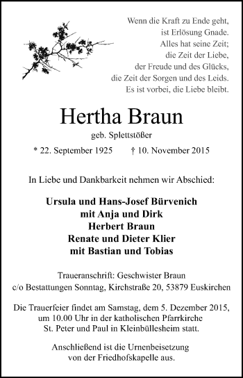 Anzeige von Hertha Braun von  Blickpunkt Euskirchen 