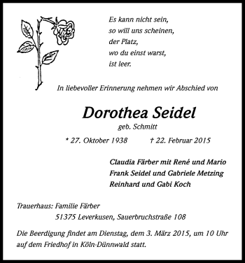 Anzeige von Dorothea Seidel von Kölner Stadt-Anzeiger / Kölnische Rundschau / Express