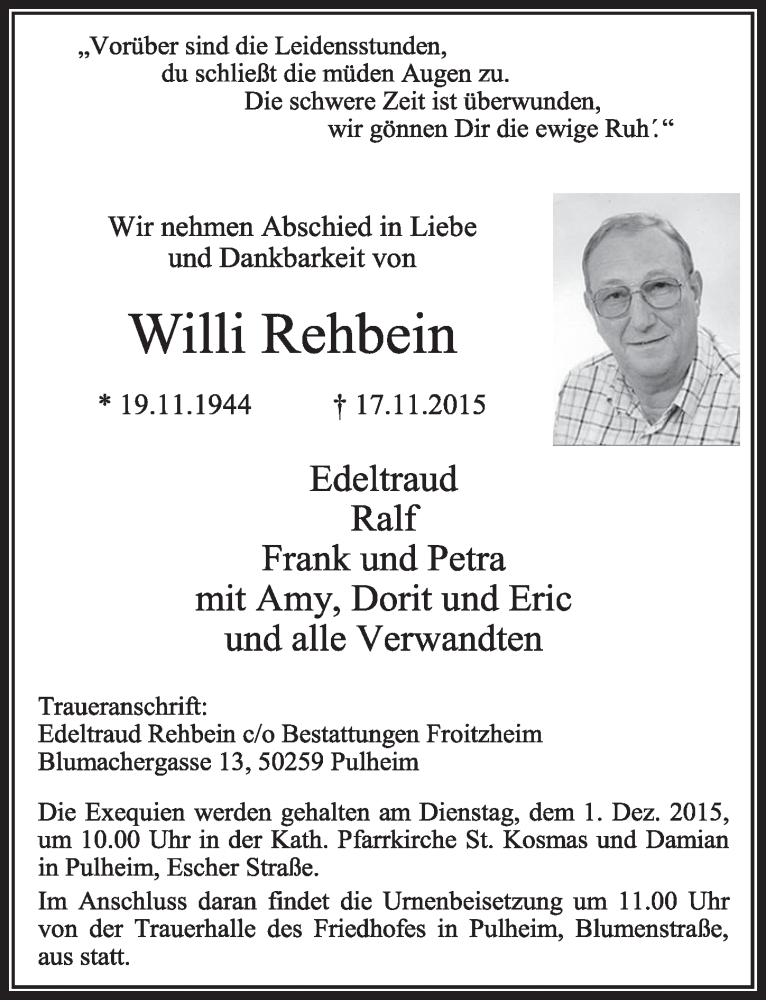 Traueranzeige für Willi Rehbein vom 21.11.2015 aus  Sonntags-Post 