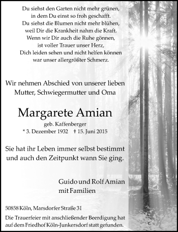 Anzeige von Margarete Amian von  Kölner Wochenspiegel 