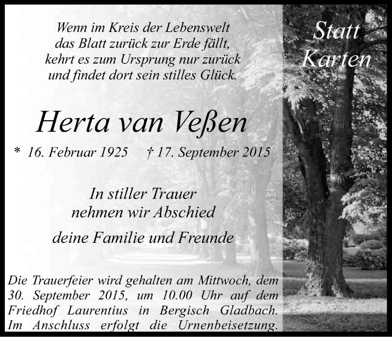  Traueranzeige für Herta van Veßen vom 26.09.2015 aus Kölner Stadt-Anzeiger / Kölnische Rundschau / Express
