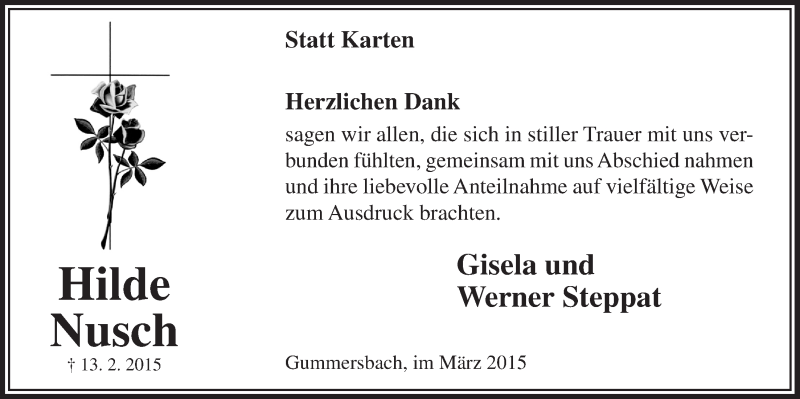  Traueranzeige für Hilde Nusch vom 25.03.2015 aus  Anzeigen Echo 