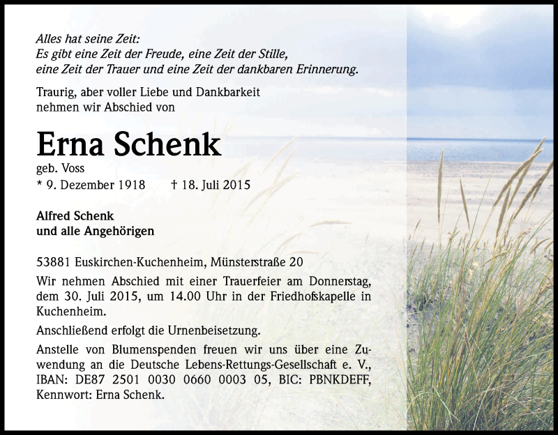  Traueranzeige für Erna Schenk vom 24.07.2015 aus Kölner Stadt-Anzeiger / Kölnische Rundschau / Express
