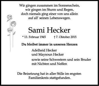 Anzeige von Sami Hecker von Kölner Stadt-Anzeiger / Kölnische Rundschau / Express
