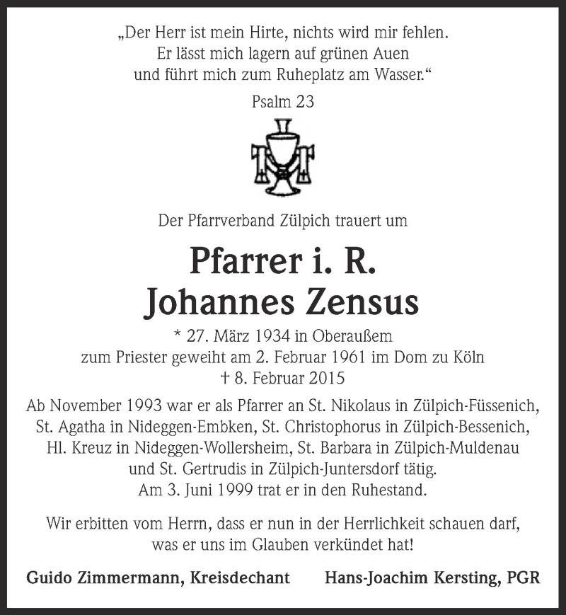  Traueranzeige für Johannes Zensus vom 01.03.2015 aus  Blickpunkt Euskirchen 
