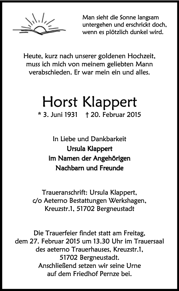  Traueranzeige für Horst Klappert vom 24.02.2015 aus Kölner Stadt-Anzeiger / Kölnische Rundschau / Express