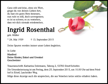 Anzeige von Ingrid Rosenthal von Kölner Stadt-Anzeiger / Kölnische Rundschau / Express