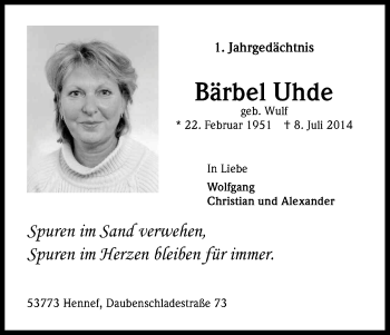 Anzeige von Bärbel Uhde von Kölner Stadt-Anzeiger / Kölnische Rundschau / Express