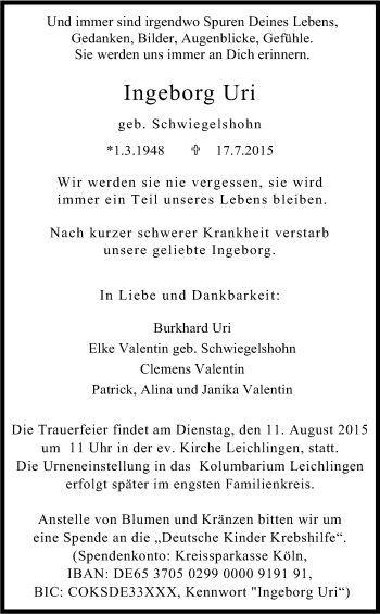 Anzeige von Ingeborg Uri von Kölner Stadt-Anzeiger / Kölnische Rundschau / Express
