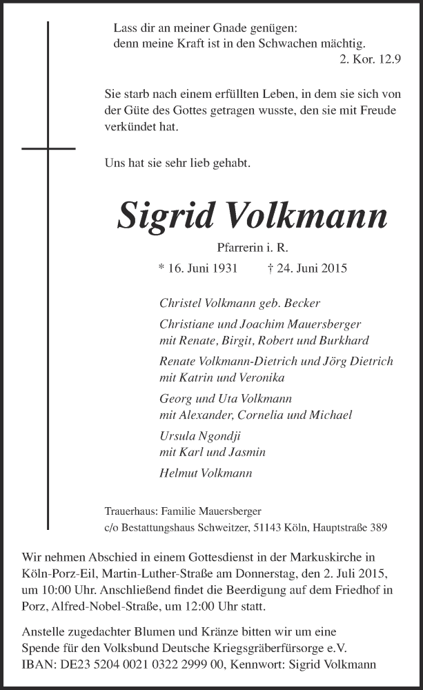  Traueranzeige für Sigrid Volkmann vom 01.07.2015 aus  Kölner Wochenspiegel 