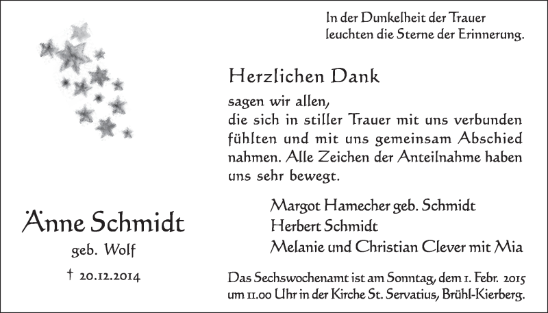  Traueranzeige für Änne Schmidt vom 21.01.2015 aus  Schlossbote/Werbekurier 