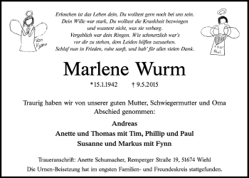 Anzeige von Marlene Wurm von  Anzeigen Echo  Lokalanzeiger 