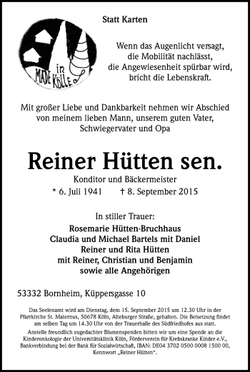 Anzeige von Reiner Hütten von Kölner Stadt-Anzeiger / Kölnische Rundschau / Express
