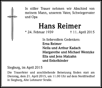 Anzeige von Hans Reimer von Kölner Stadt-Anzeiger / Kölnische Rundschau / Express