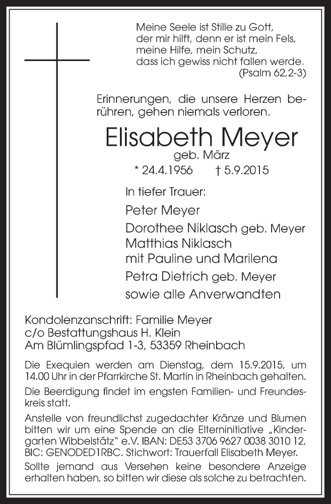  Traueranzeige für Elisabeth Meyer vom 13.09.2015 aus  Blickpunkt Euskirchen 