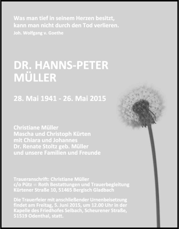 Anzeige von Hanns-Peter Müller von Kölner Stadt-Anzeiger / Kölnische Rundschau / Express