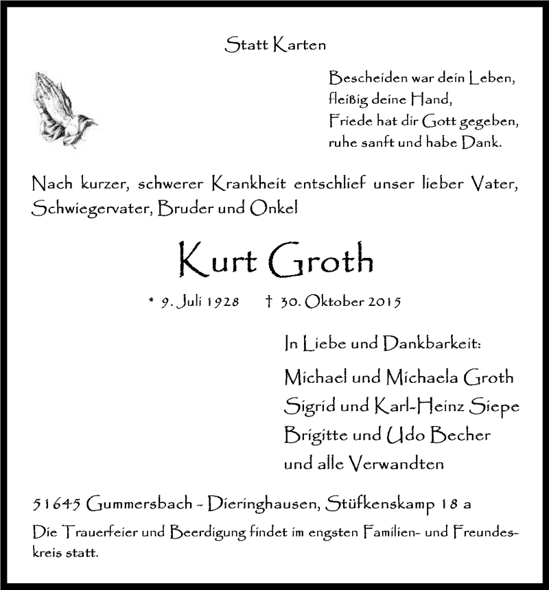  Traueranzeige für Kurt Groth vom 06.11.2015 aus Kölner Stadt-Anzeiger / Kölnische Rundschau / Express