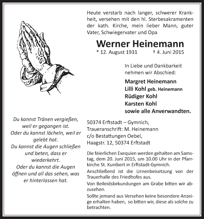  Traueranzeige für Werner Heinemann vom 17.06.2015 aus  Werbepost 