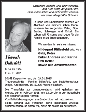 Anzeige von Heinrich Büllesfeld von  Sonntags-Post 