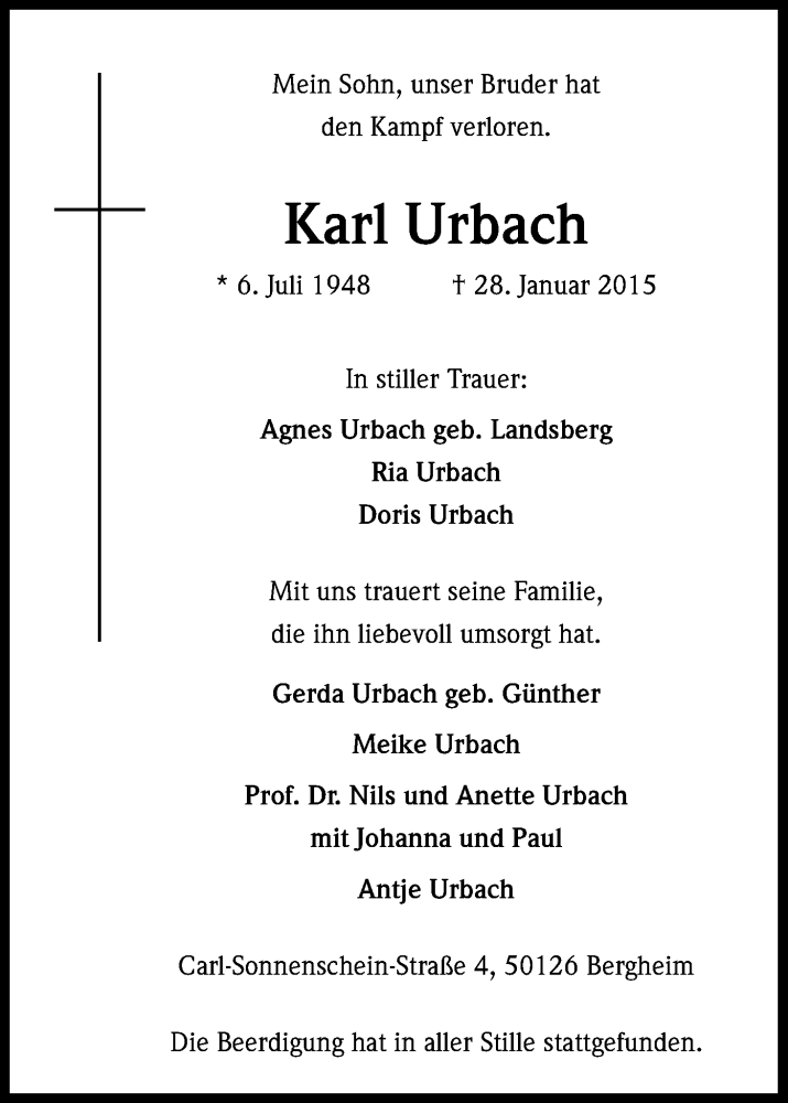  Traueranzeige für Karl Urbach vom 05.02.2015 aus Kölner Stadt-Anzeiger / Kölnische Rundschau / Express